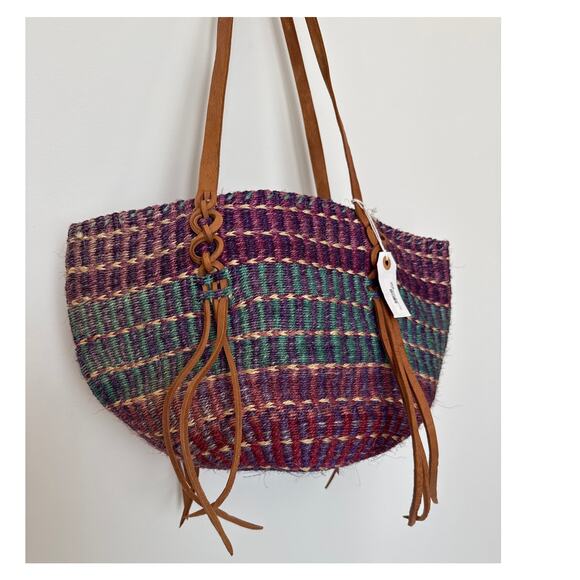 NWT Handwoven Purple & Teal Boho Retro Tote Bag with Leather Straps tassels - Picture 3 of 13